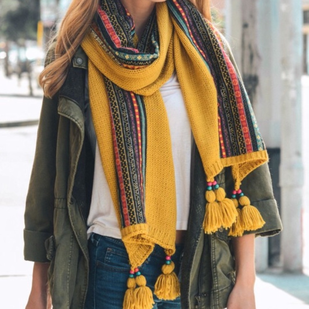 1 LEFT🌿Boho Mustard Tassel Braided Chunky Scarf - Picture 2 of 6